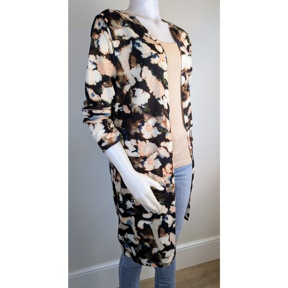 Nina Leonard Duster Cardigan XL Black Cream Bold Floral Print Open Front Pockets - Picture 4 of 11